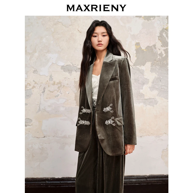 【陈大可专属】MAXRIENY幽径绿廓形丝绒外套秋季通勤风西服上衣女