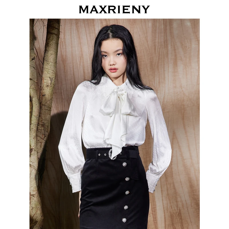 MAXRIENY波点提花衬衫复古百搭秋季新款上衣女波点蕾丝长袖