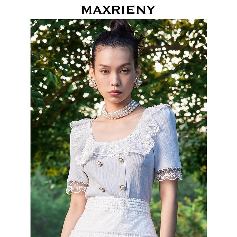 MAXRIENY彼得潘领毛衫夏宫廷风刺绣针织上衣气质