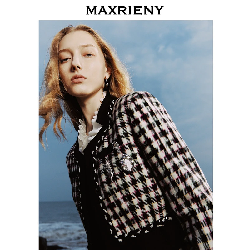 【蜜思仝】MAXRIENY花火宫廷外套羊毛混纺格纹女外套小香风