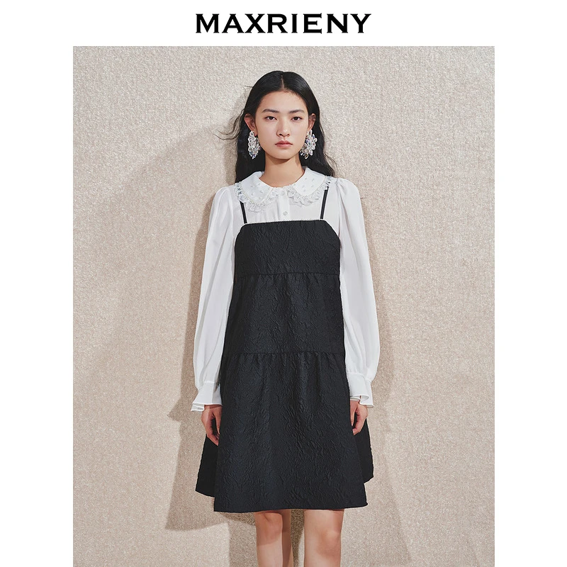 MAXRIENY甜美复古感娃娃裙24冬新款连衣裙真两件黑色吊带A字裙
