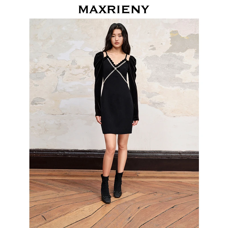 MAXRIENY法式复古丝绒星钻连衣裙新款约会小黑裙