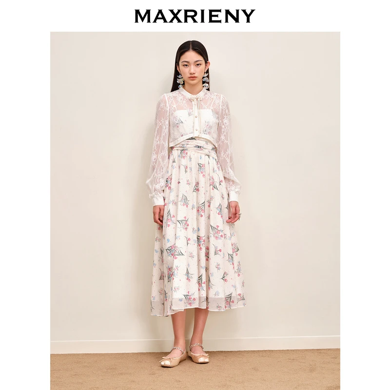 MAXRIENY温柔度假印花连衣裙蕾丝收腰碎花日常长袖优雅复古