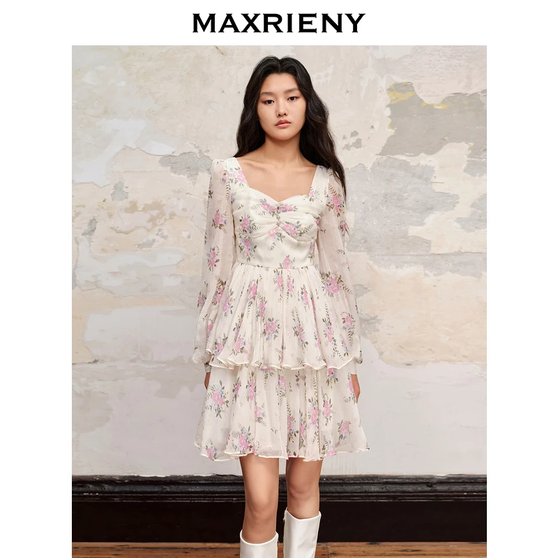 【若谷大大】MAXRIENY浪漫感真丝碎花连衣裙桑蚕丝裙子