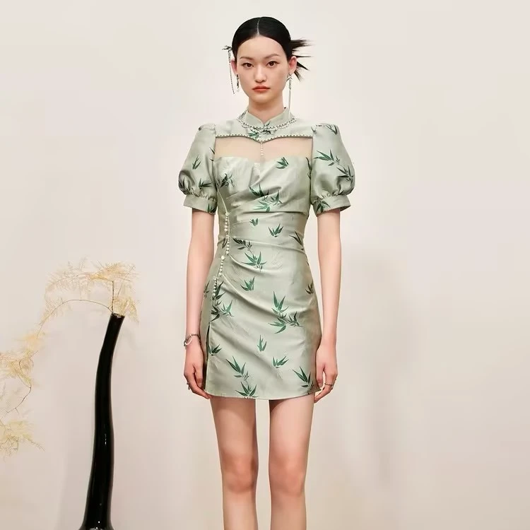 MAXRIENY国风新中式连衣裙薄荷曼波风穿搭提花复古竹子时尚夏季