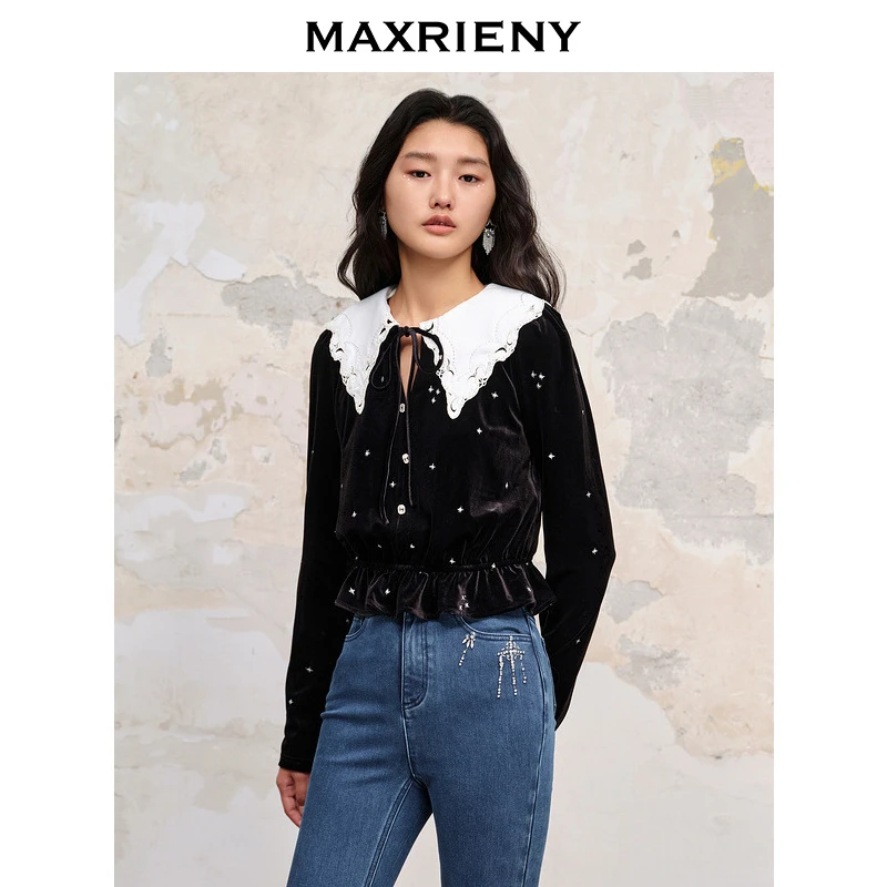 【蜜思仝】MAXRIENY轻奢摩登烫钻丝绒雪纺衫修身上衣