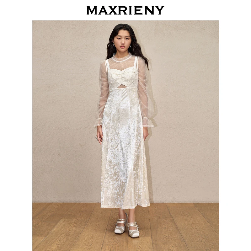 【蜜思仝】MAXRIENY精致复古感吊带蕾丝网纱拼接钻石绒连身裙