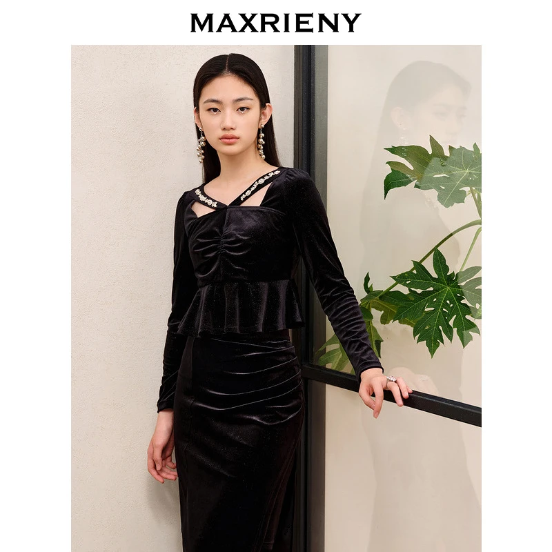 MAXRIENY2023年收腰优雅星空丝绒荷叶边修身气质显瘦上衣秋冬复古