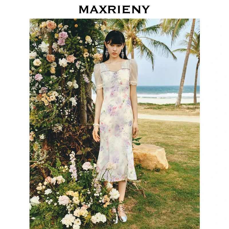 【浪漫当夏】MAXRIENY小众鱼尾薄荷曼波雪纺裙茶歇裙垂感连衣裙碎花