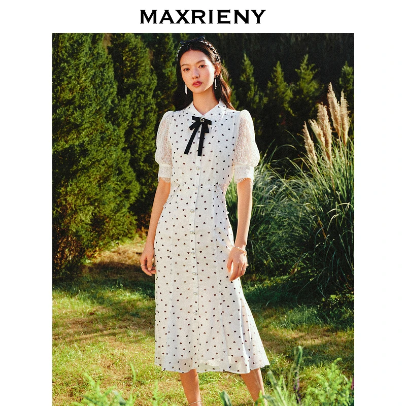 【波动心弦】MAXRIENY甜美少女感露腰蝴蝶结连衣裙爱心波点蕾丝裙