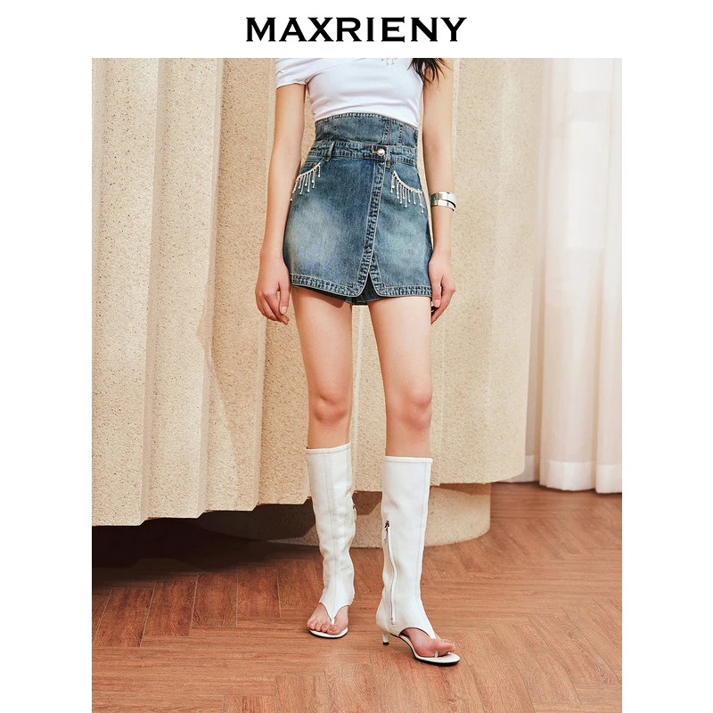 MAXRIENY宫廷复古感高腰牛仔裤裙2024夏季新款裙裤女搭片式短裙