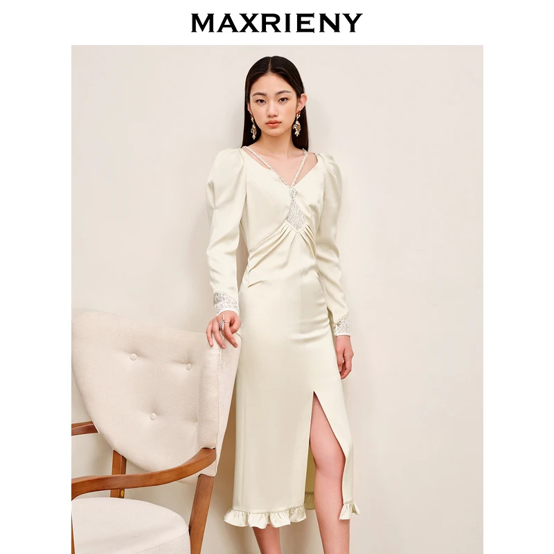 MAXRIENY气质长袖香槟色轻奢法式收腰修身优雅秋连衣裙宴会名媛