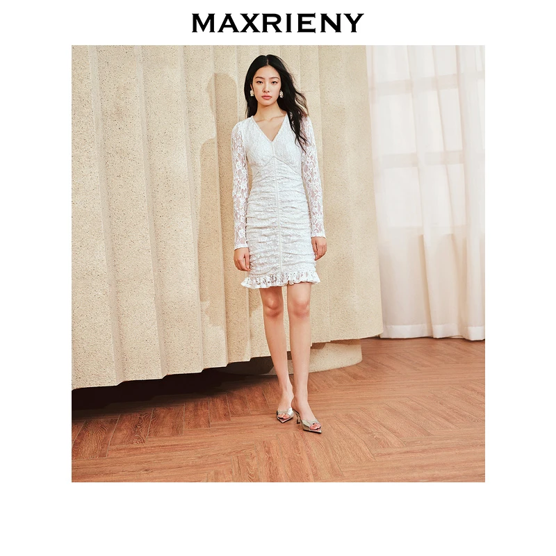 MAXRIENY精致复古感抽褶亮片蕾丝连衣裙2024春季新品修身v领裙子