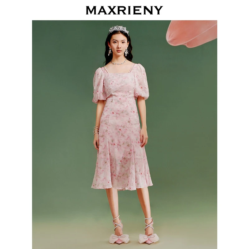 MAXRIENY甜美复古感桃鲤连衣裙夏装新款显瘦设计感薄荷曼波度假