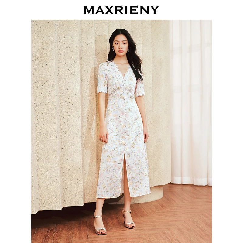 MAXRIENY浪漫复古氛围感蕾丝钉珠连衣裙2024夏季新款V领开叉长裙