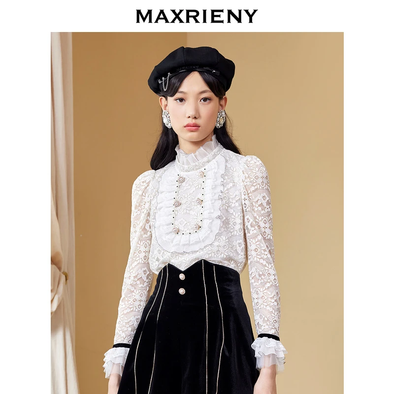 MAXRIENY复古荷叶领蕾丝衫秋季宫廷风设计感上衣气质套头小衫
