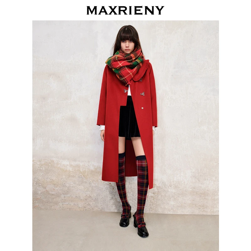 MAXRIENY极简复古风直身大衣长款新年穿搭双面呢羊毛双生蝶