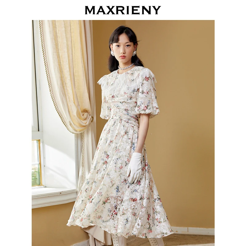 MAXRIENY娃娃领宫廷中长裙碎花法式公主裙女装连衣裙复古温柔优雅