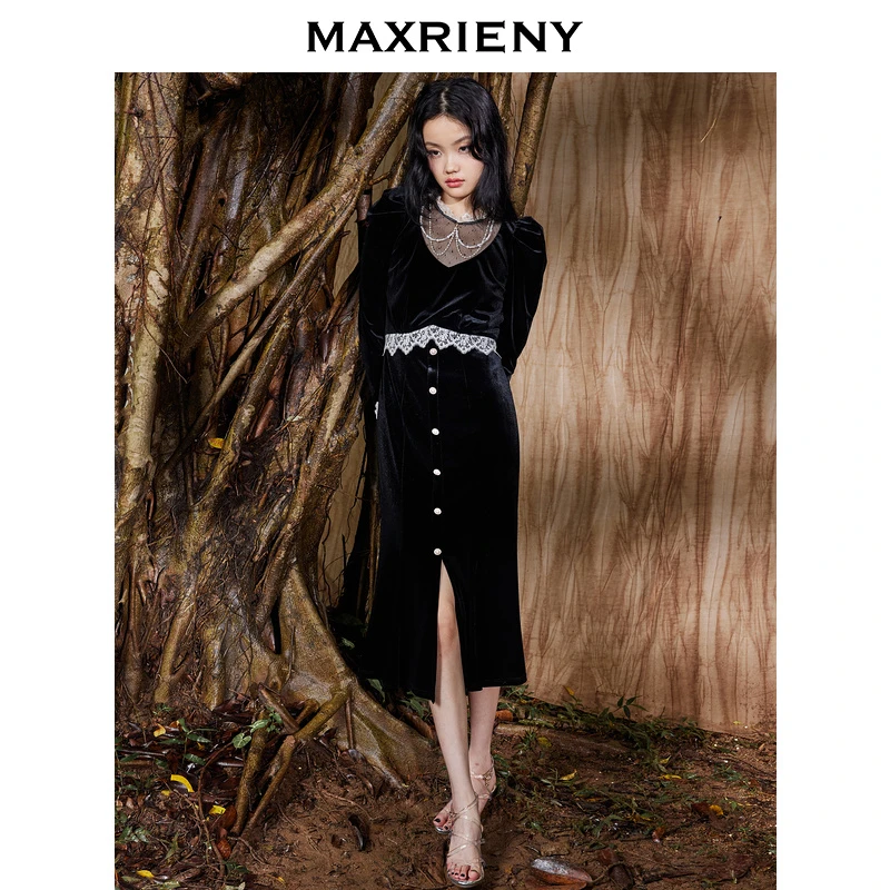 MAXRIENY蕾丝丝绒裙秋季设计感赫本风连衣裙泡泡袖时尚丝绒连衣裙