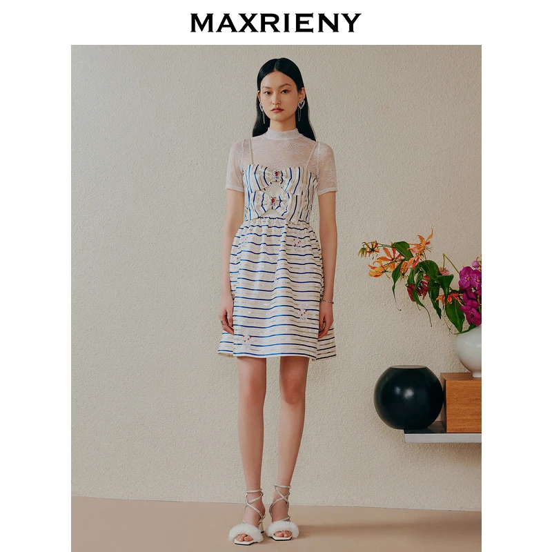 MAXRIENY女装连衣裙针织时尚休闲女士夏季复古拼接连衣裙提花撞色