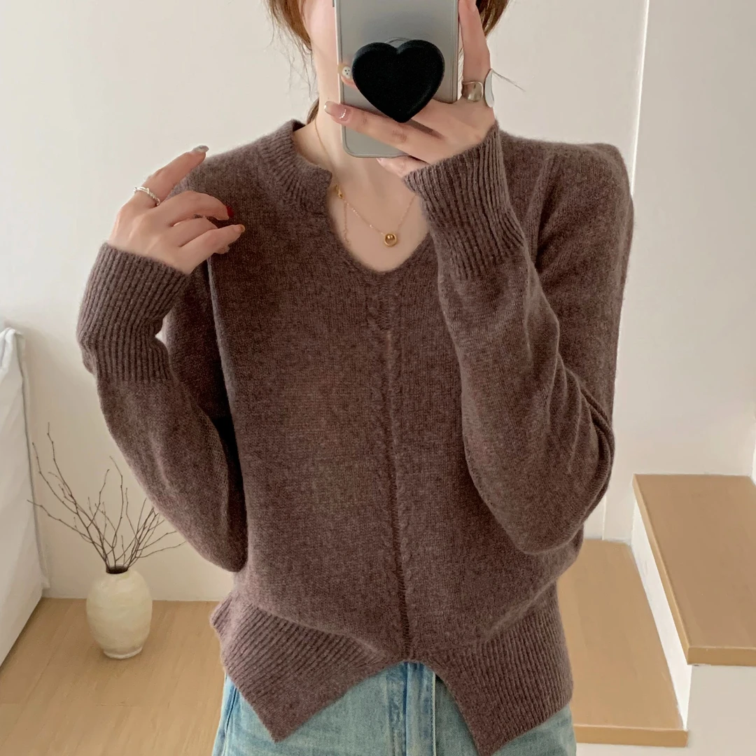 【羊绒】2025秋冬新款V领下摆V套头气质长袖网红针织短款百搭宽松
