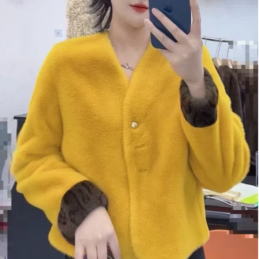 貂绒皮毛一体毛毛外套时尚百搭气质洋气网红短款针织女士宽松