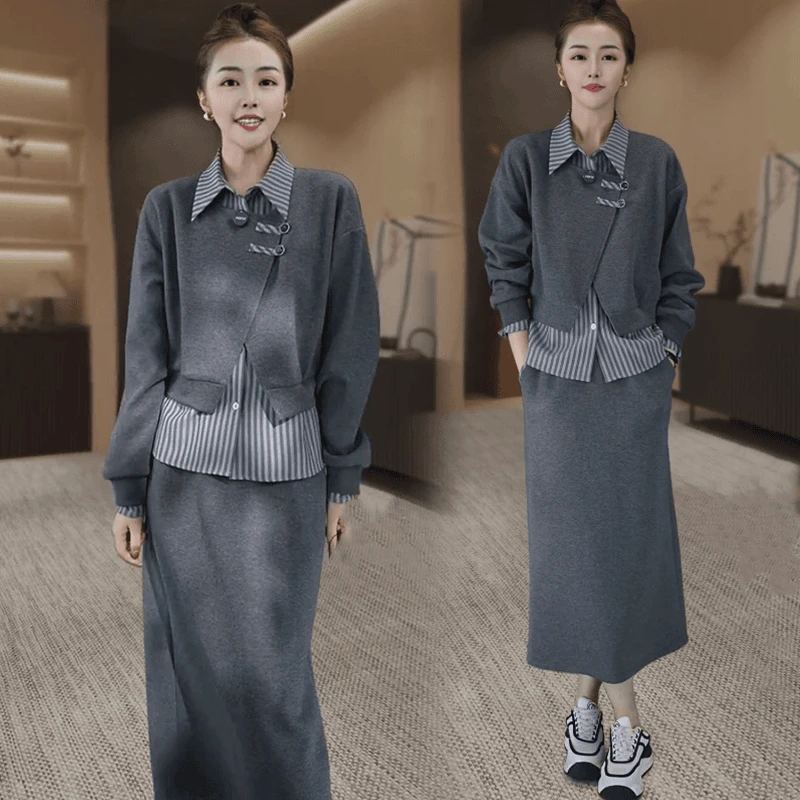 时尚套装裙女2024秋季新款韩版宽松假两件衬衫领卫衣半身裙两件套