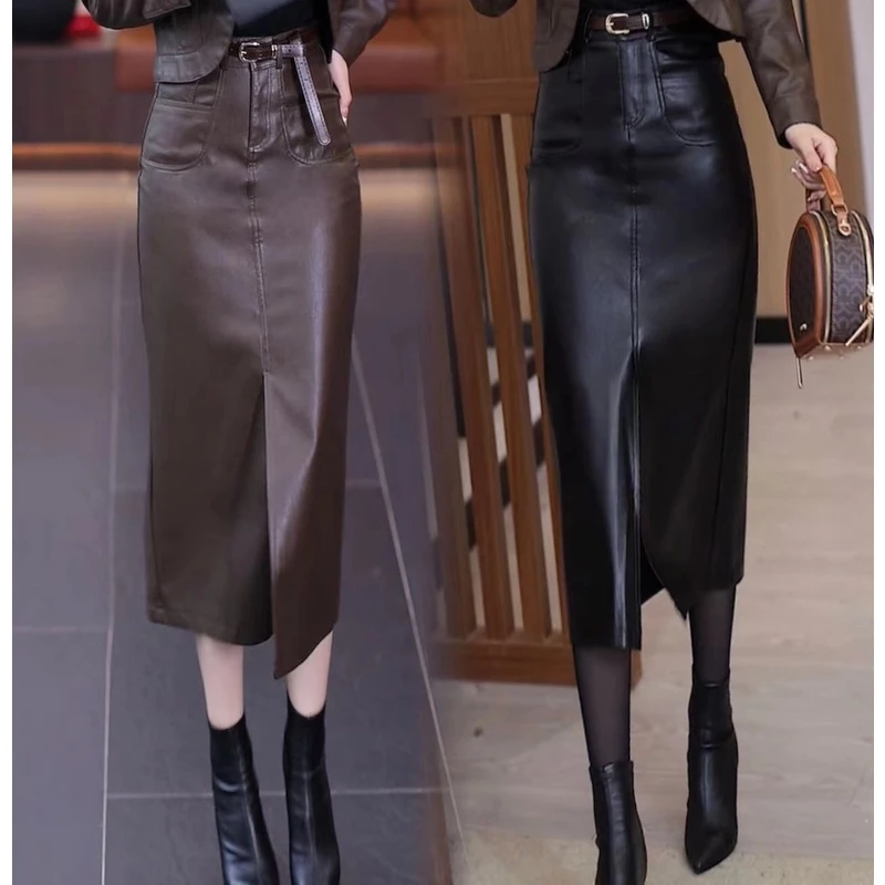 皮裙半身裙女中长款2023秋冬新款高腰过膝a字包臀裙开叉一步长裙