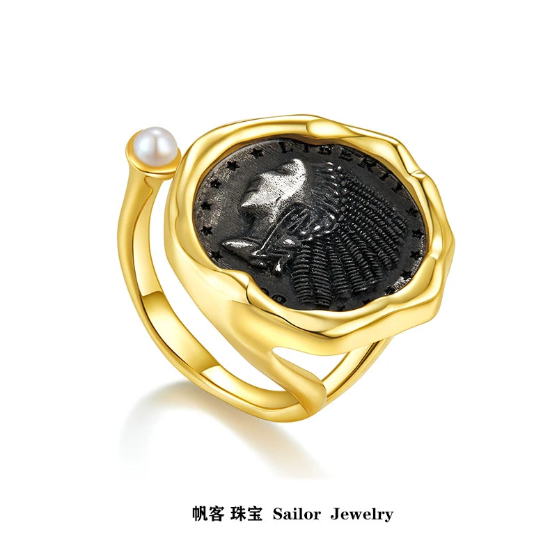 925银仿珍珠戒指 岩石珍珠开口戒指