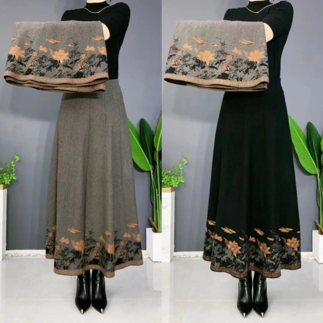 秋冬厚款高腰大摆裙松紧腰名族风莲花显瘦半身裙时尚百搭妈妈装