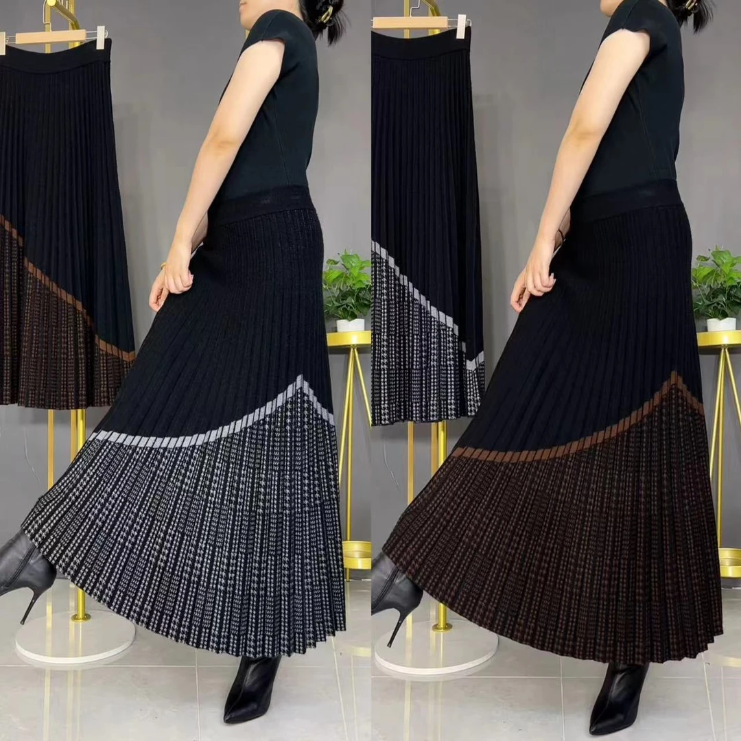 秋冬新款高腰拼色百褶裙松紧腰厚款显瘦百搭妈妈装半身裙