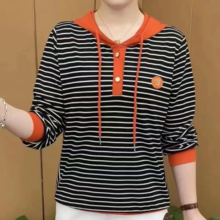 t恤女新款时尚休闲百搭显瘦条纹连帽长袖上衣春秋薄款卫衣女秋装