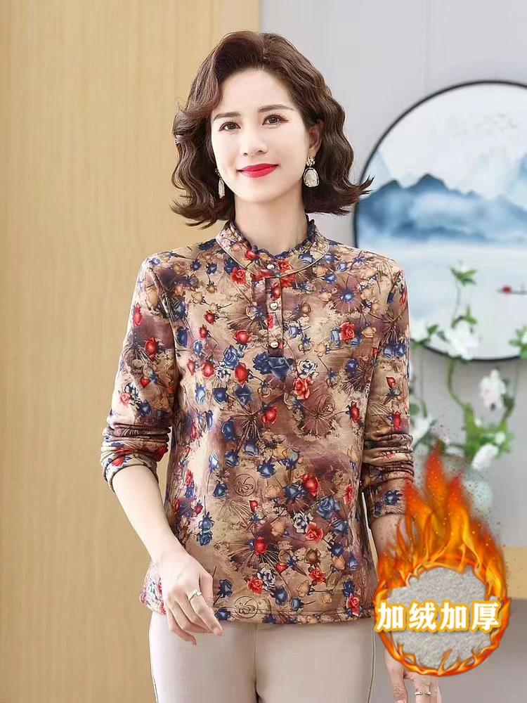 秋冬加绒加厚款打底衫女士木耳边印花长袖内搭洋气外穿上衣