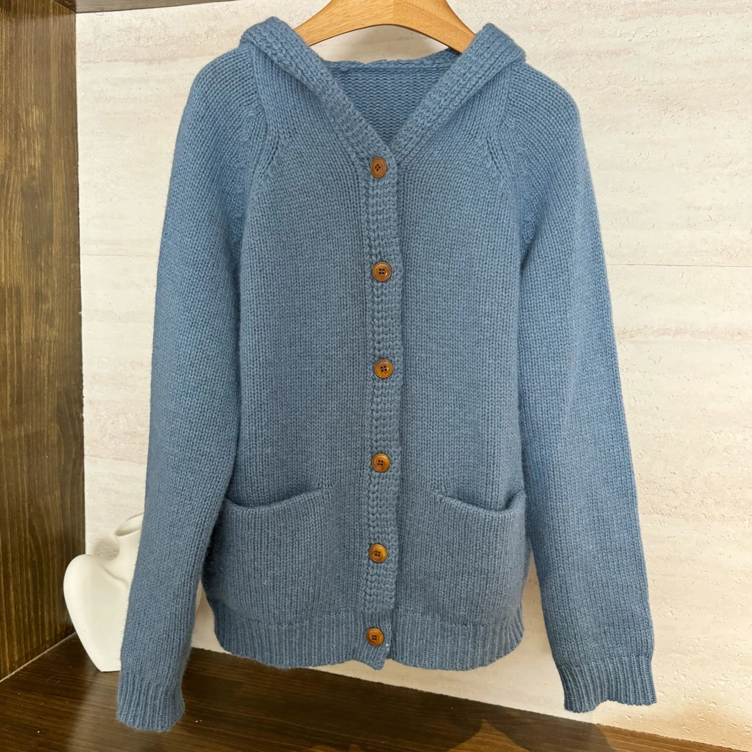 JIUJIU【蛋糕卷】羊毛兔毛针织开衫百搭连帽雾霾蓝毛衣女上衣秋冬