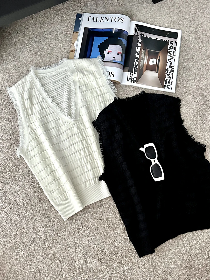 流苏亮丝马甲针织套头休闲宽松慵懒5556