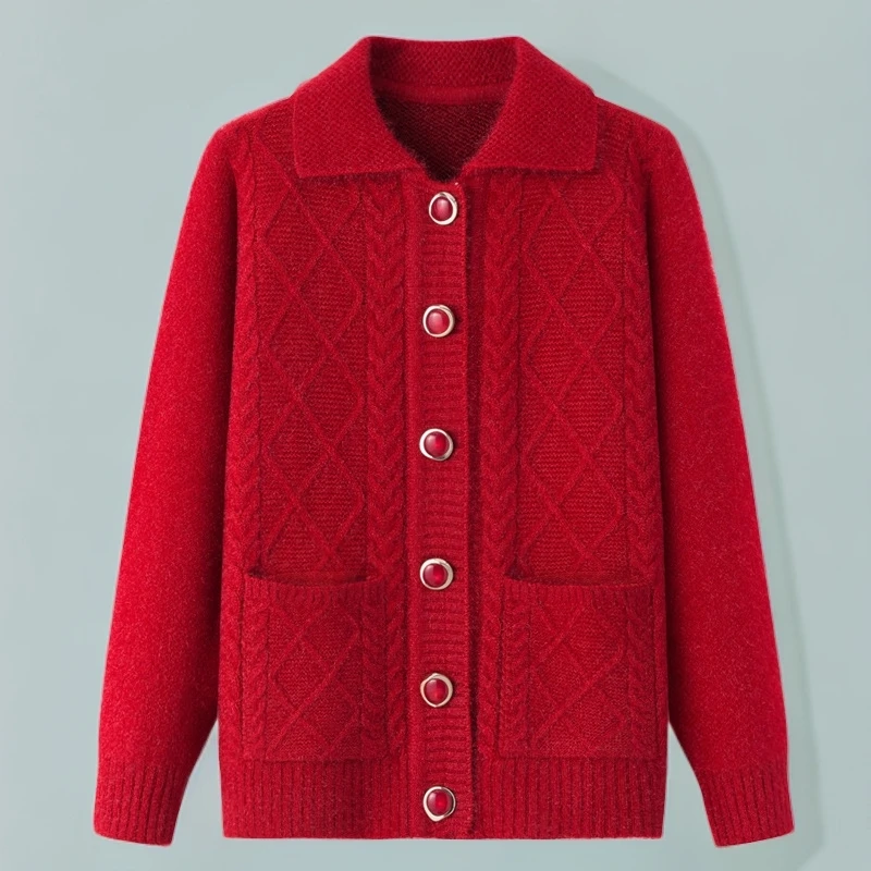 妈妈装秋冬款针织衫中年开衫中老年人春秋毛衣外套奶奶装加厚加绒