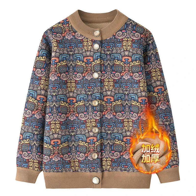 妈妈装秋冬装外套保暖中老年人女装加厚加绒奶奶装针织开衫春秋