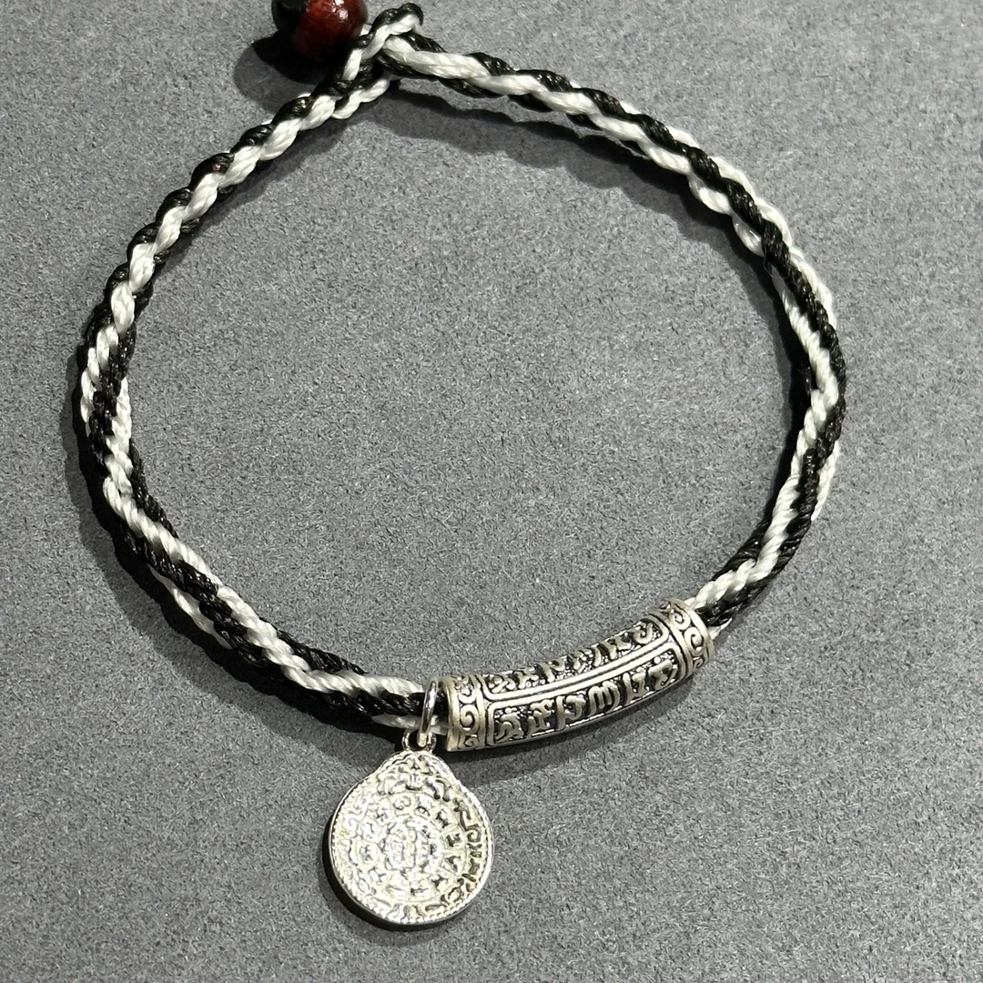 925银布艺手链 西藏黑白九眼金g结手链•九宫•六字管