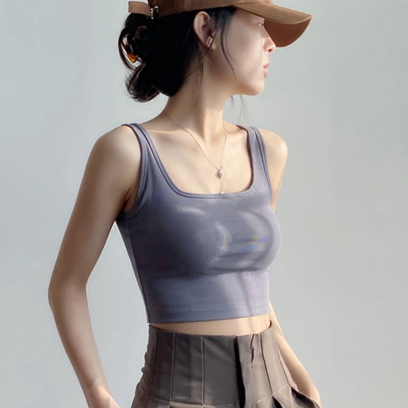 夏季 方领一体式吊带背心女免穿文胸修身百搭上衣