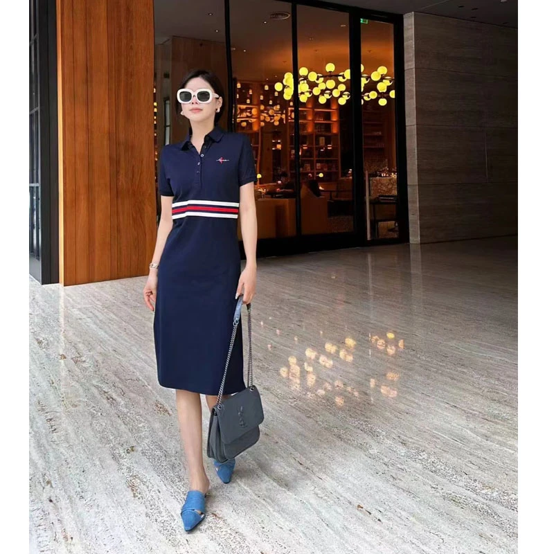 2025夏新女款及膝中长款纯棉短袖连衣裙polo领休闲a字T裙大码显瘦