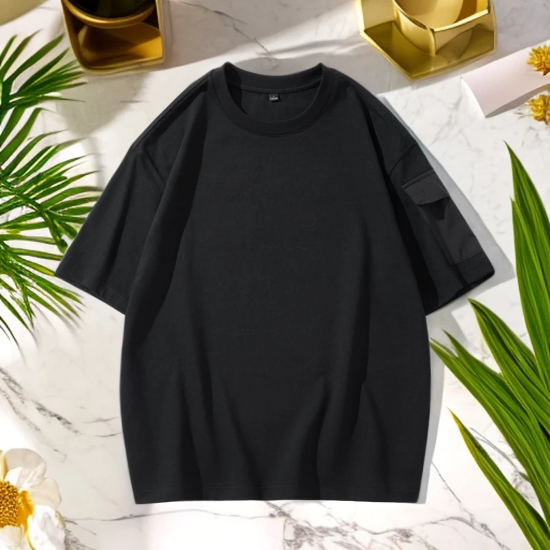 男士宽松休闲百搭半袖男款夏季纯色圆领时尚都市口袋短袖纯棉通用