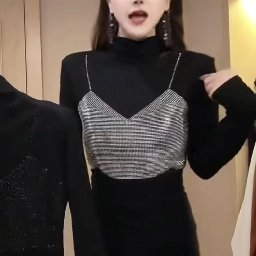 高领T恤秋冬重工烫钻底2024新款长袖设计上衣修身显瘦气质洋气