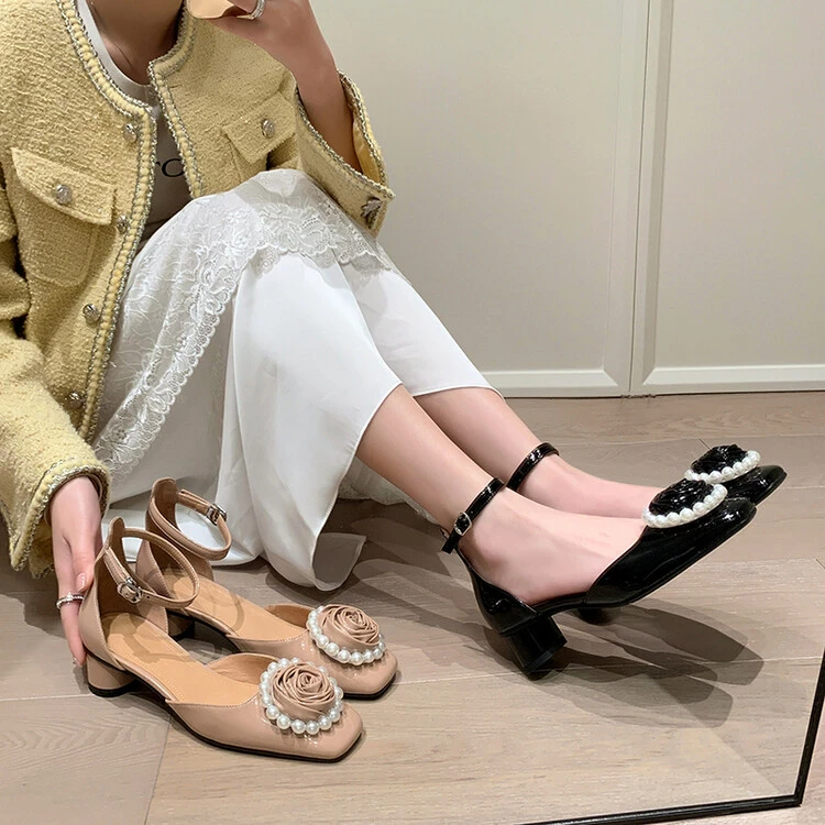 杨幂同款玫瑰花珍珠包头凉鞋浅口夏仙女风温柔气质一字带法式低跟