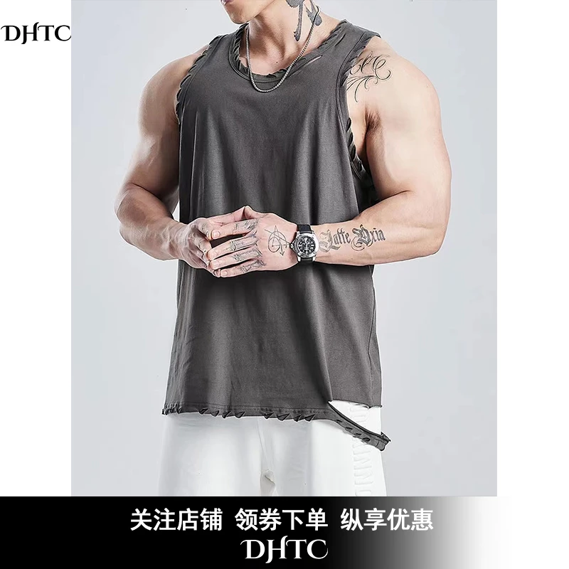 GYM美式战损破洞运动背心男夏季健身训练宽松透气无袖显大T恤跑步