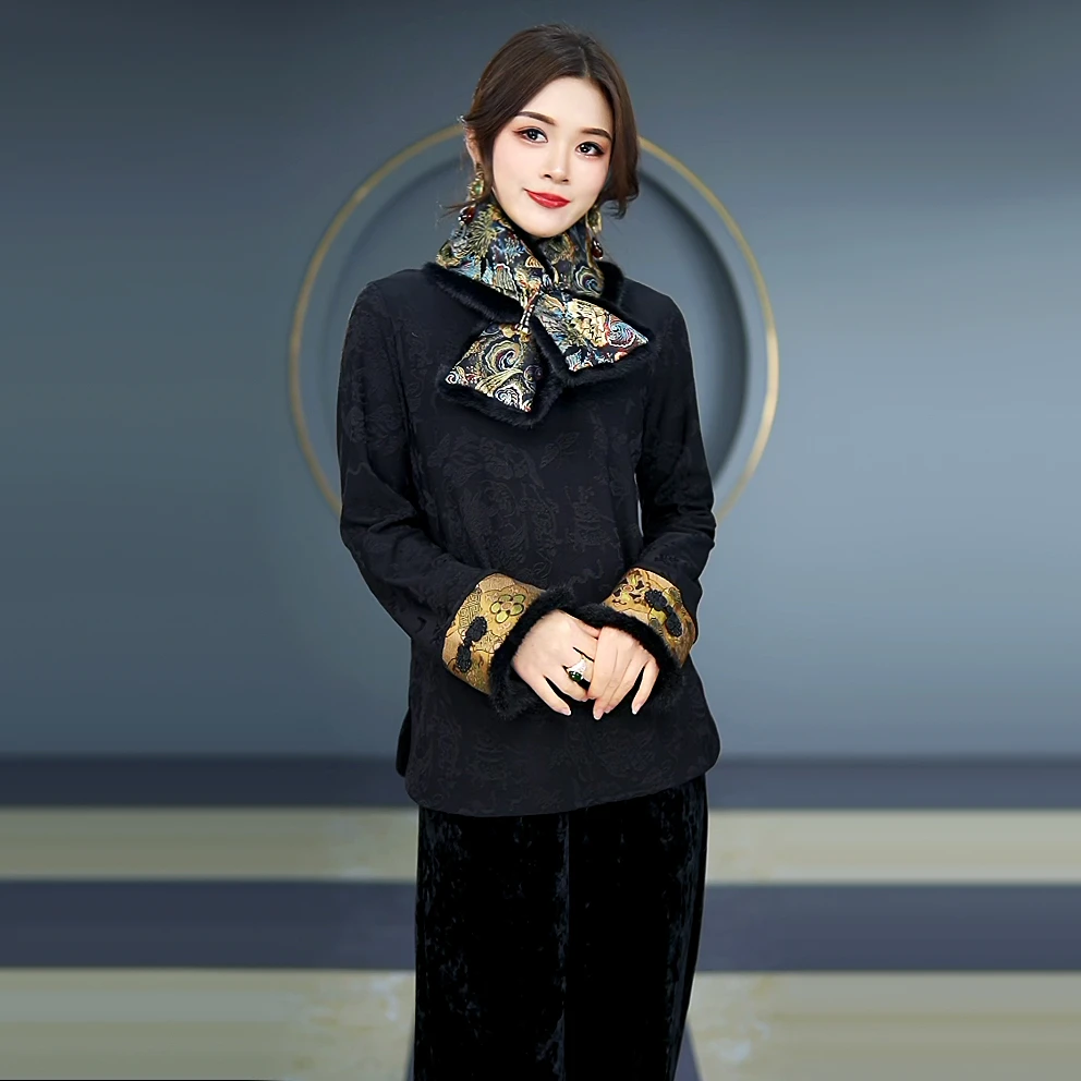 如歌年代冬季新款妈妈仿貂绒拼接缎面国风围巾时尚百搭保暖毛领女