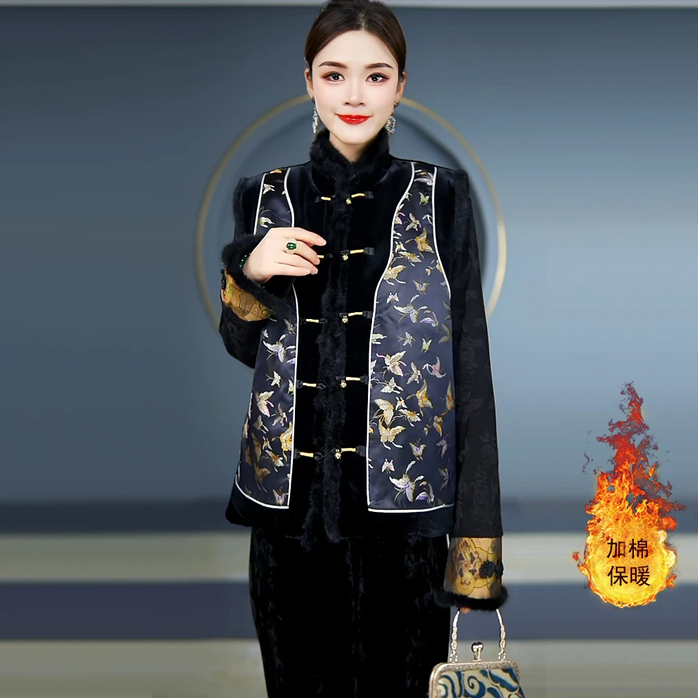 如歌年代冬季新款国风新中式丝绒拼接提花缎面重工夹棉加厚马甲女