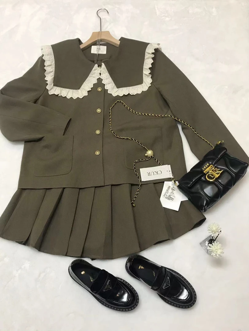 秋装大码女装法式复古娃娃领小香风撞色短裙套装显瘦气质秋冬短款