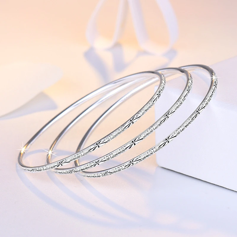 足银手镯 满天星三生三世素圈新款三环手镯女款网红磨砂简约镯子B