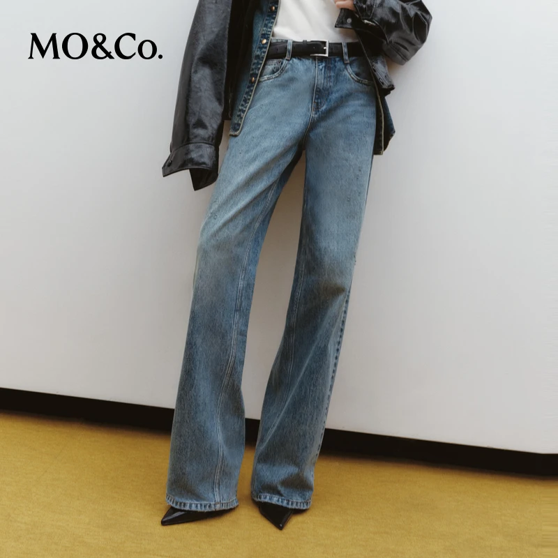 MOCO秋低腰宽松阔腿及地做旧破洞牛仔裤MBD3JENT05