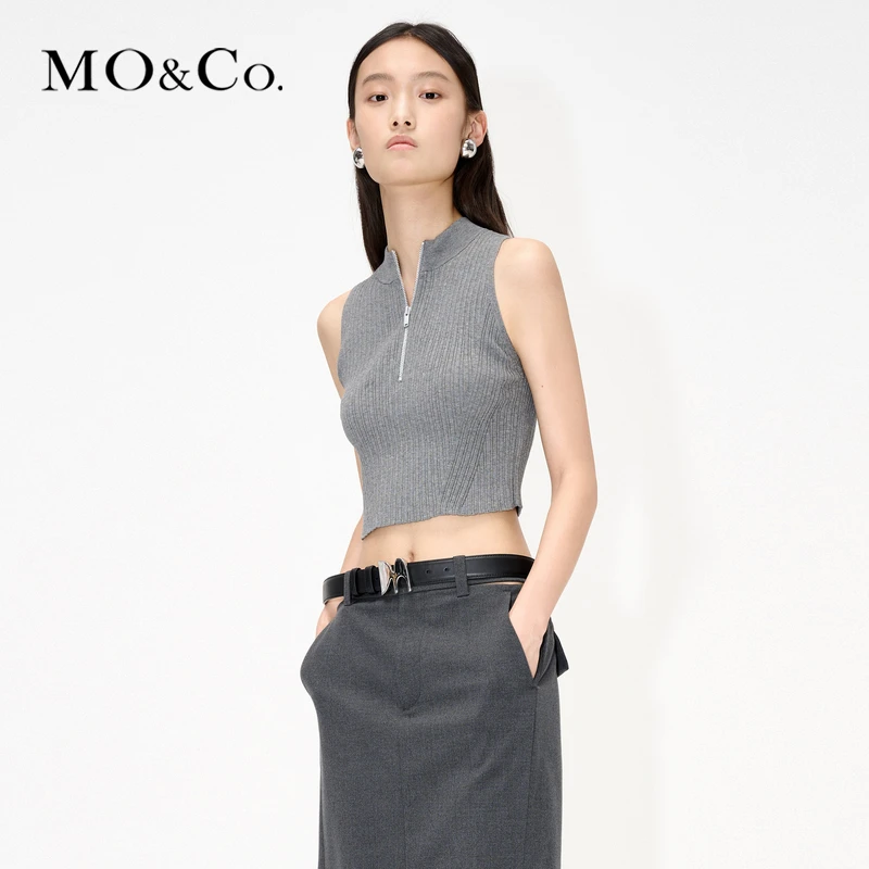 MOCO夏季小高领金属拉链短款针织衫削肩背心MBD2SWTT04